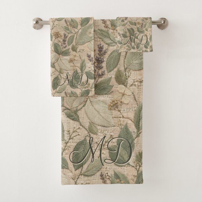 Soft Sage Rustic Leaf Floral Pattern Bath Towel Set (Insitu)