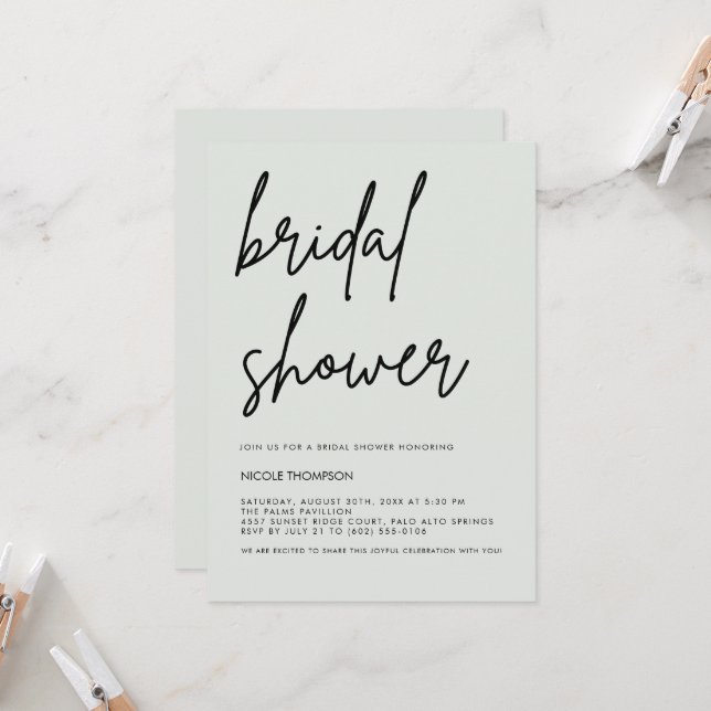 Soft Sage Script Modern Bridal Shower Invitation  (Front/Back In Situ)