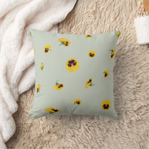 Soft Sage Yellow Japanese Pansy Floral Pattern Throw Pillow