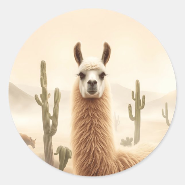 Soft Sand Llama with Cactus Flow Classic Round Sticker (Front)