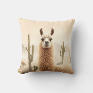 Soft Sand Llama with Cactus Flow Throw Pillow