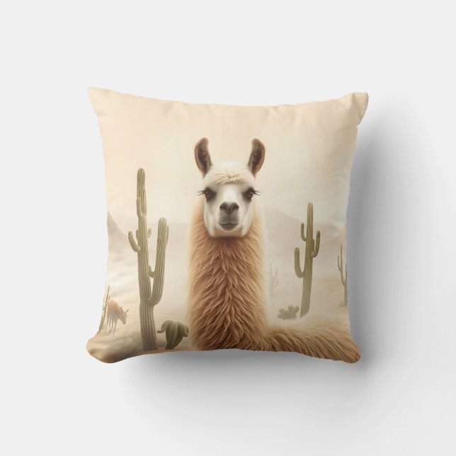 Soft Sand Llama with Cactus Flow Throw Pillow (Front)