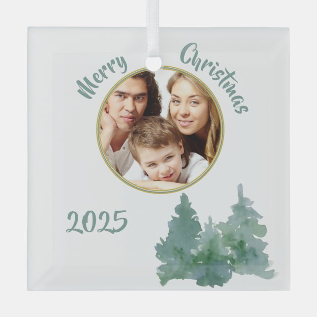 Soft Sea Green Photo Christmas Card Glass Ornament (Front)