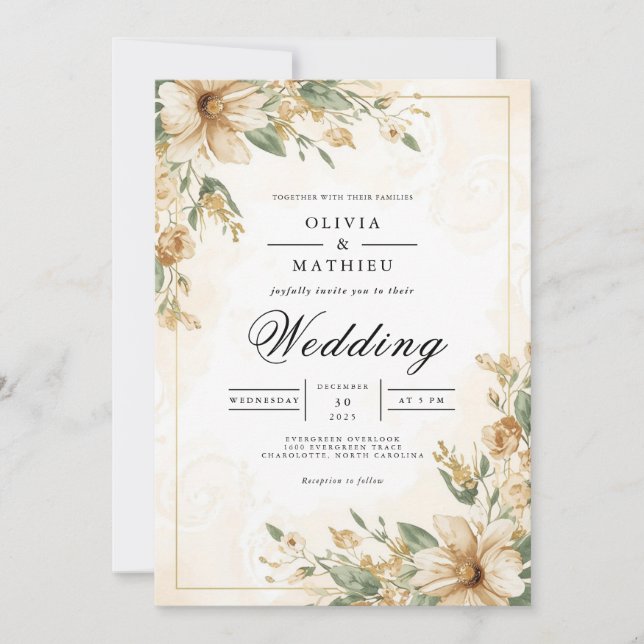 Soft Sepia Floral Frame Wedding Invitation (Front)