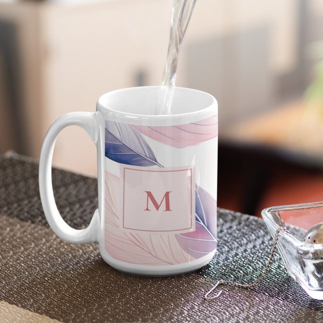 Soft Serenity Watercolor Leaves Custom Monogram Coffee Mug (Creator Uploaded)