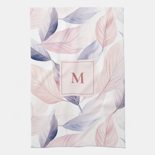 Soft Serenity Watercolor Leaves Custom Monogram Kitchen Towel (Vertical)