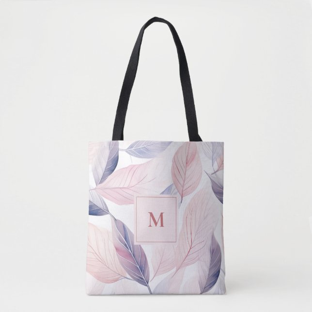 Soft Serenity Watercolor Leaves Custom Monogram Tote Bag (Front)