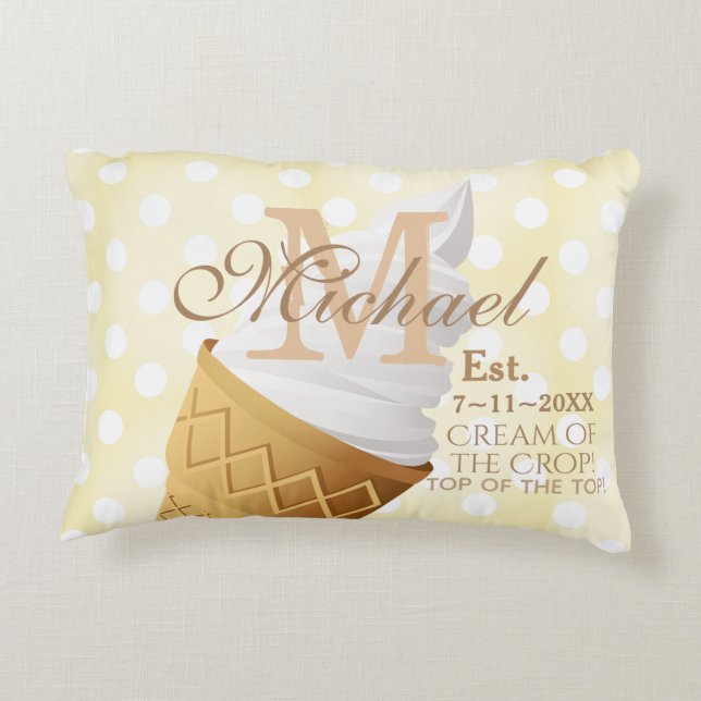 Soft Serve Vanilla Ice Cream Cone Name Monogram Accent Pillow (Back)