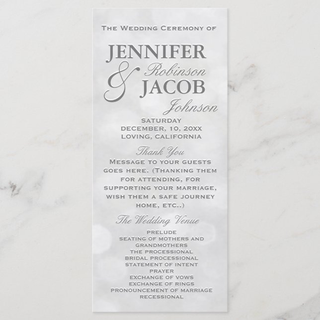 Soft Silver and White Bokeh Lights Wedding Program (Front)