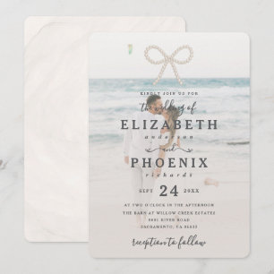 Soft Simple Pearl Bow Custom Photo Elegant Wedding Invitation
