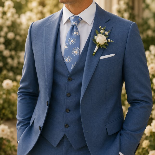 Soft Sky Blue White Blossom Pattern Tie (Creator Uploaded)