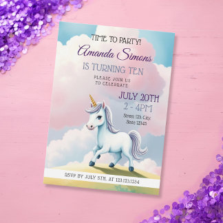 Soft Sky Unicorn Whimsical Girl 10th Birthday Invitation