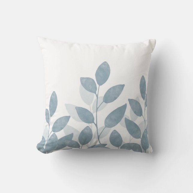 Soft Slate Watercolor Leaves Throw Pillow (Front)