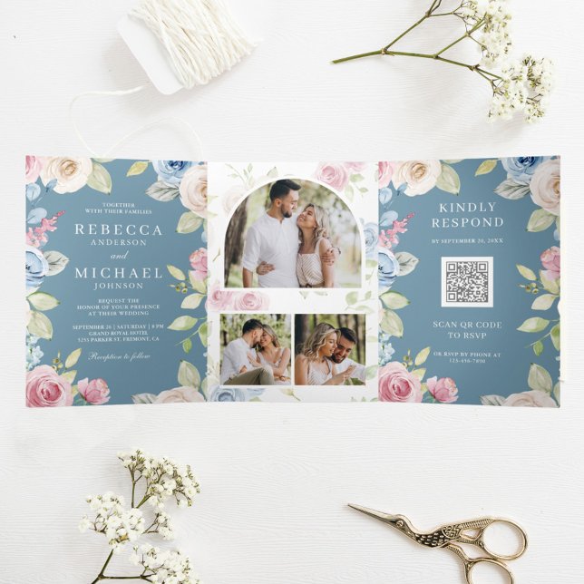 Soft Spring Floral Dusty Blue QR Code Wedding Tri-Fold Invitation (Creator Uploaded)