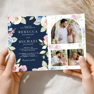 Soft Spring Floral Navy Blue QR Code Wedding Invitation