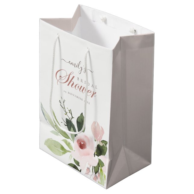 SOFT SUBTLE FLORAL BLUSH PINK ROSE BRIDAL SHOWER MEDIUM GIFT BAG (Front Angled)
