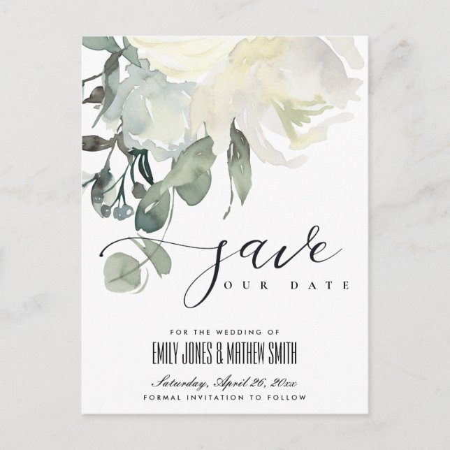 SOFT SUBTLE IVORY WHITE FLORAL BUNCH SAVE THE DATE ANNOUNCEMENT POSTCARD (Front)