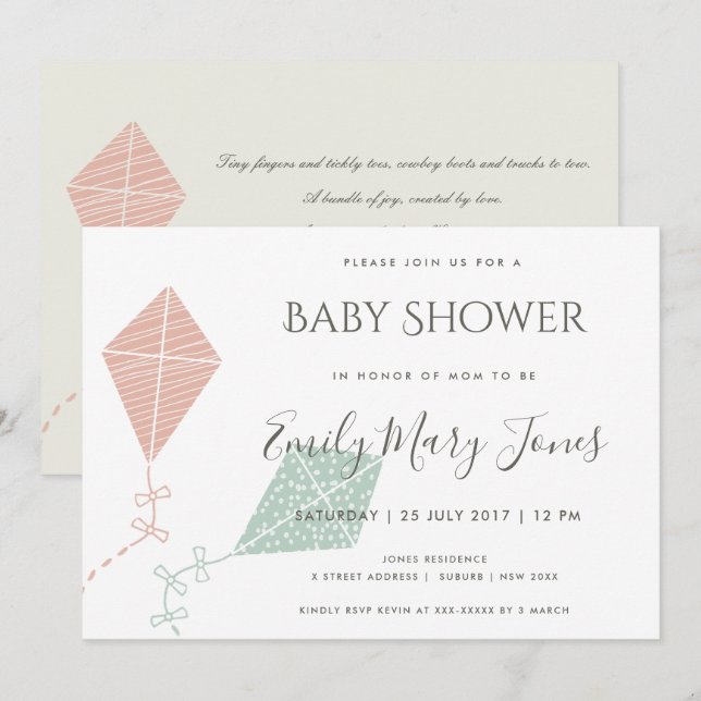 SOFT SUBTLE PINK BLUE KITE  BABY SHOWER INVITATION (Front/Back)