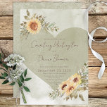 Soft Sunflowers Boho Heart Wedding Invitation<br><div class="desc">Embrace the free-spirited charm of boho elegance with our enchanting wedding invitation. Featuring a soothing sage green watercolor wash background, the centerpiece is a darker sage green heart adorned with clusters of soft yellow, brown, and sage green sunflowers. The modern script font heading and clean, casual body text offer a...</div>