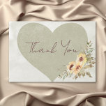 Soft Sunflowers Boho Heart Wedding Thank You Card<br><div class="desc">Embrace the free-spirited charm of boho elegance with our enchanting wedding thank you card. Featuring a soothing sage green watercolor wash background, the centerpiece is a darker sage green heart adorned with clusters of soft yellow, brown, and sage green sunflowers. The modern script font heading and clean, casual body text...</div>