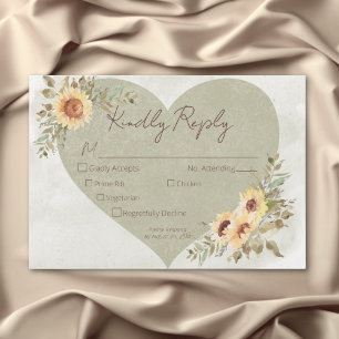 Soft Sunflowers Boho Heart Wedding Three Dinner RSVP Card