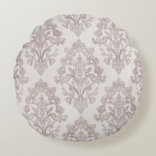 Soft Taupe Damask Watercolor Classic Floral Round Pillow