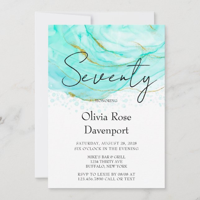 Soft Teal and Gold Alcohol Ink 70th Birthday Party Invitation (Front)