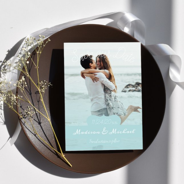 Soft Teal Banner Photo Save The Date Announcement (Soft Teal Banner Photo Save the Date)