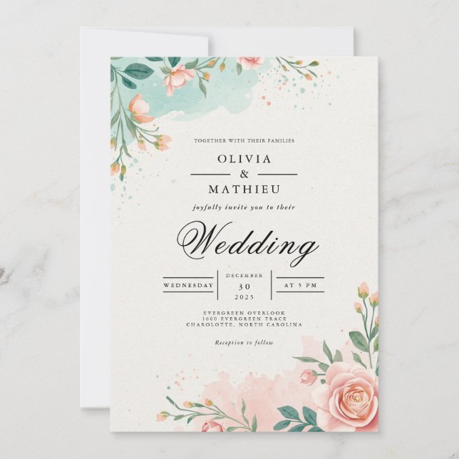 Soft Teal Blossom Arch Wedding Invitation (Front)
