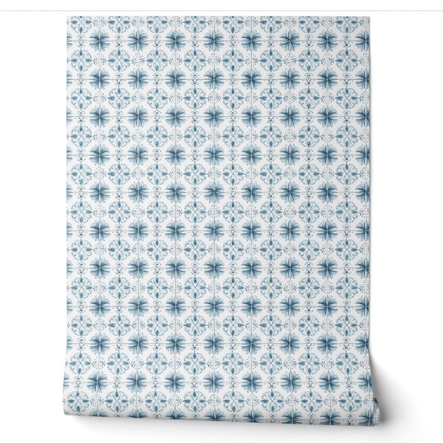 Soft Teal Blossom Medley Mini Teal, White Coastal Wallpaper (Unrolling)