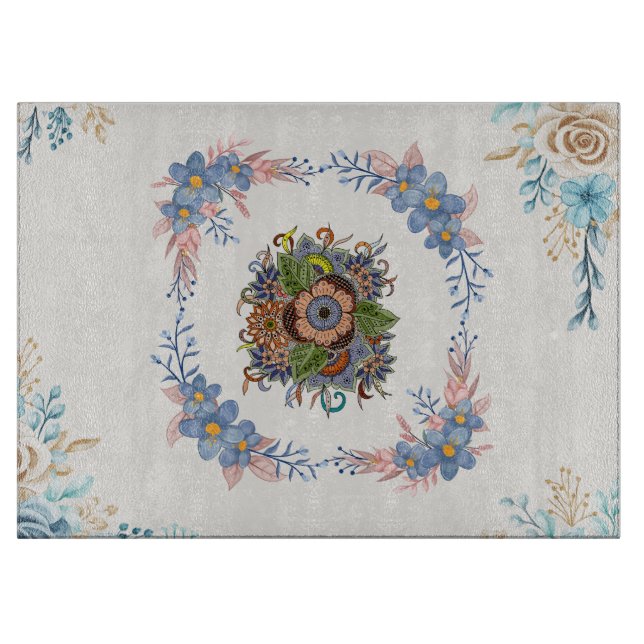 Soft Teal Blossoms – Pastel Botanical Art Cutting Board (Front)