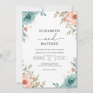 Soft Teal Blush Floral Arch Wedding Invitation