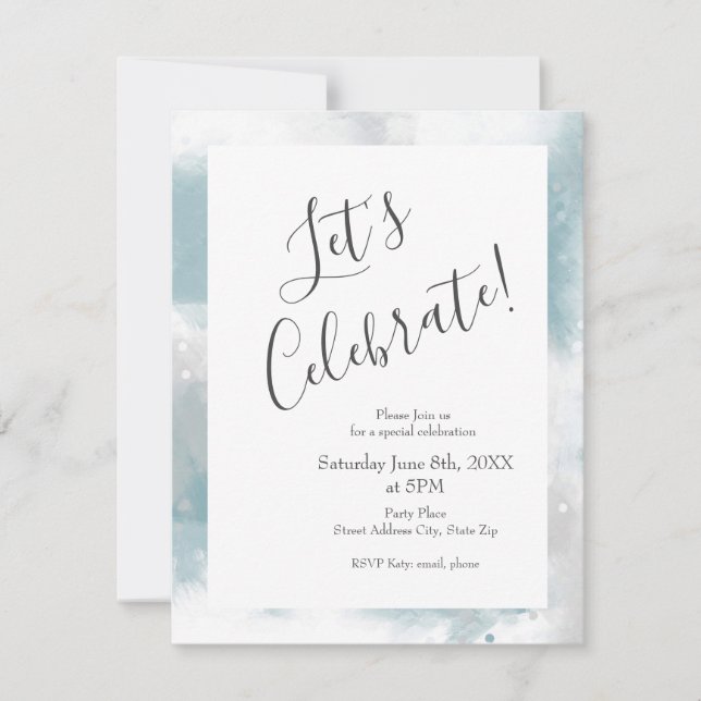 Soft Teal Grey & White Abstract Brushstrokes Invitation (Front)