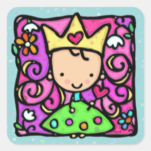 Soft teal little girly princess golden crown heart square sticker (Front)