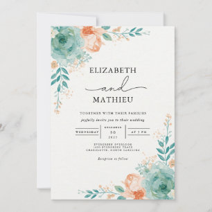 Soft Teal Peach Botanical Arch Wedding Invitation
