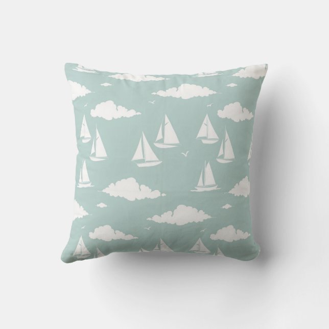 Soft Teal Sailboat and Cloud Coastal Pattern Throw Pillow (Back)