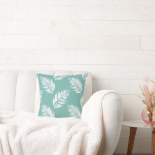 Soft Teal White Palm Fronds Pattern Throw Pillow