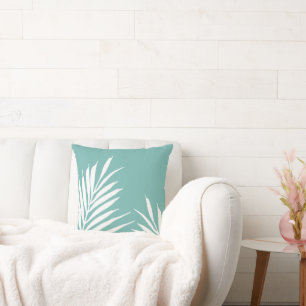 Soft Teal White Palm Leaves Throw Pillow
