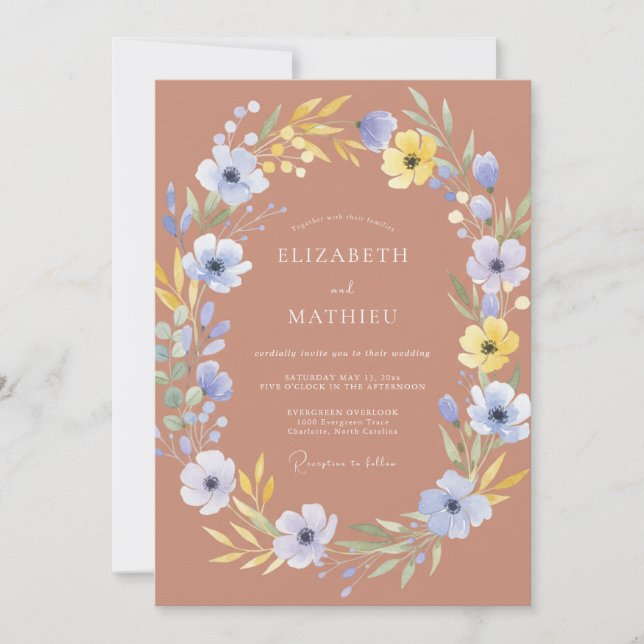 Soft Terracotta Periwinkle Wreath Wedding Invitation (Front)