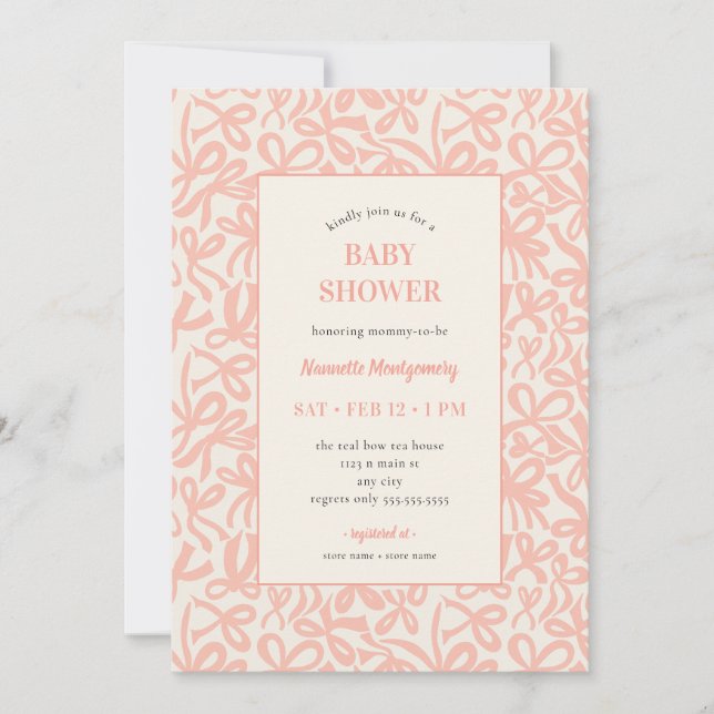 Soft Terracotta Pink Ribbons and Bows Baby Shower Invitation (Front)