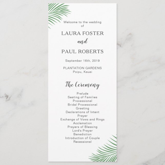 Soft Tropical Palm Leaf Wedding Program (Front)