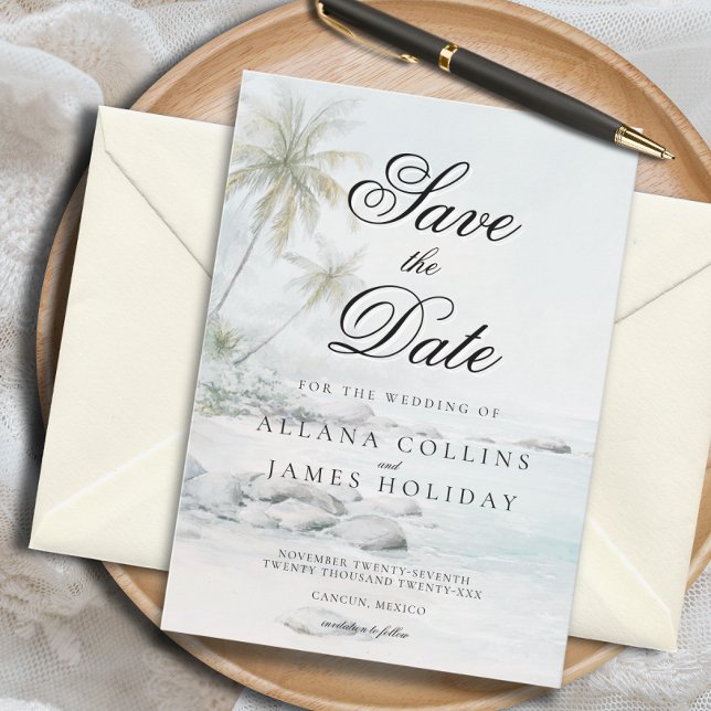 Soft Tropical Palm Watercolor Beach Save the Date Invitation (Creator Uploaded)