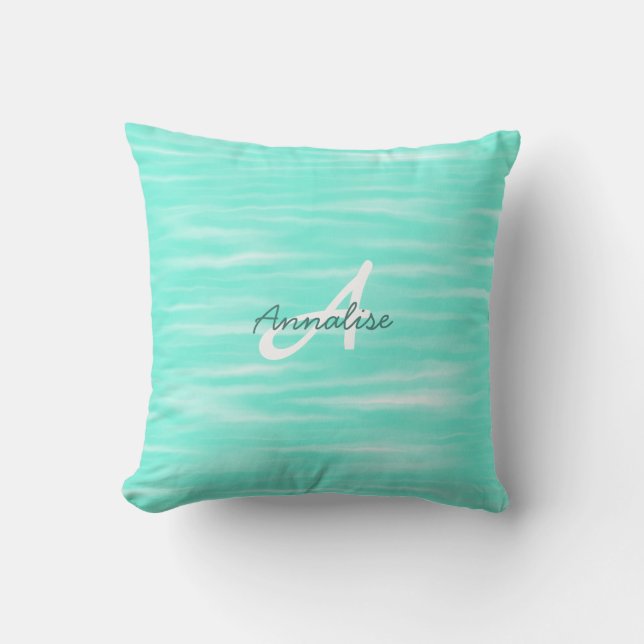  Soft Turquoise Abstract Stripes Pattern Monogram Throw Pillow (Front)