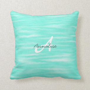  Soft Turquoise Abstract Stripes Pattern Monogram Throw Pillow