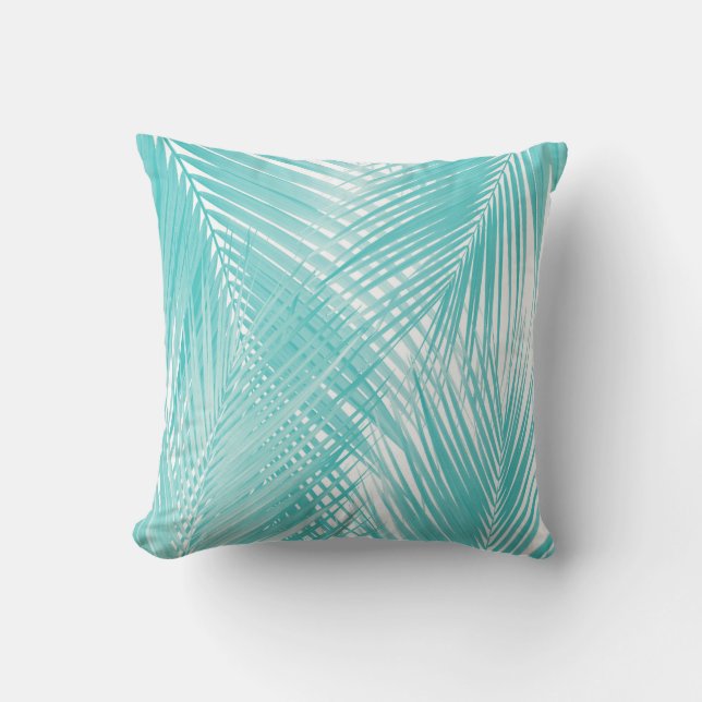Soft Turquoise Palm Leaves Dream Cali Summer 3 Throw Pillow (Front)