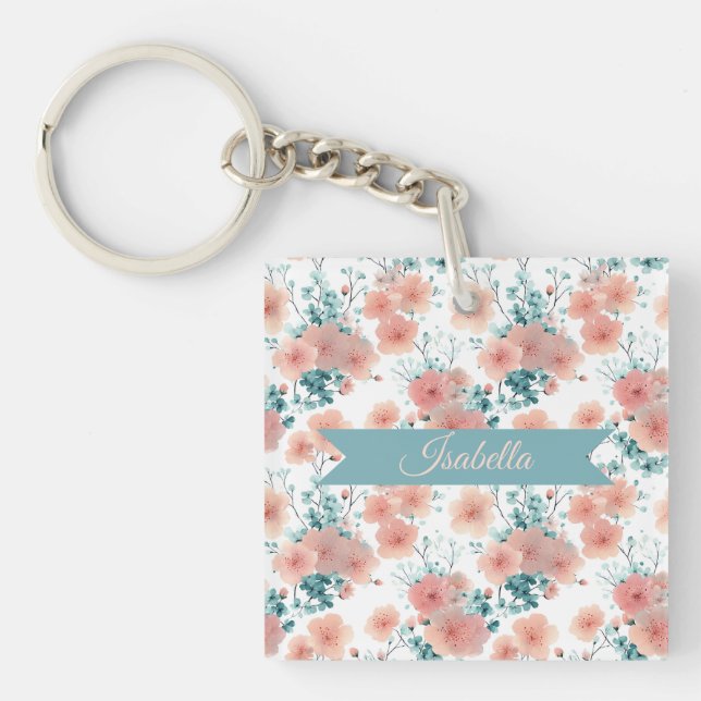 Soft Vintage Spring Pink Floral Personalized Keychain (Front)