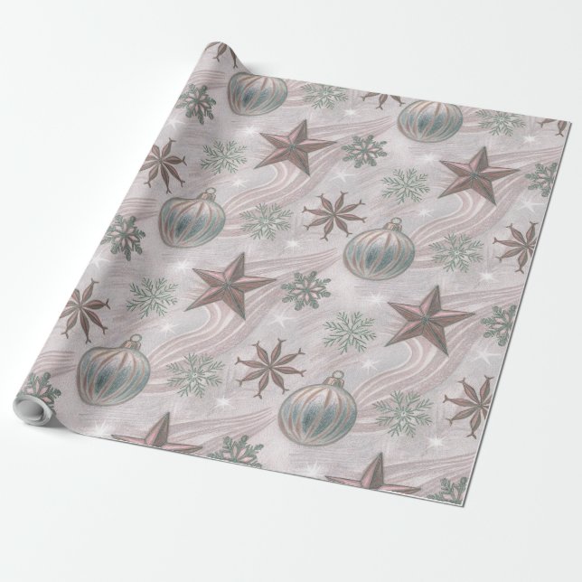 Soft Vintage Winter Ornaments & Snowflakes Wrapping Paper (Unrolled)