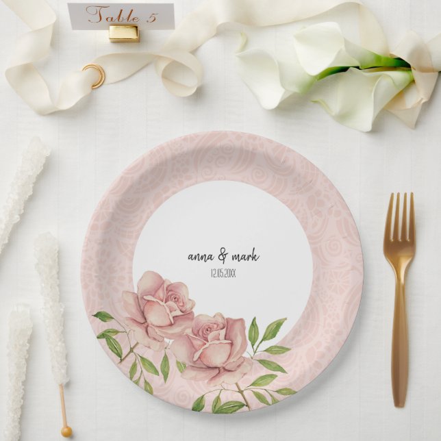 Soft Violet Blush Roses Watercolor Lace Paper Plate (Wedding)