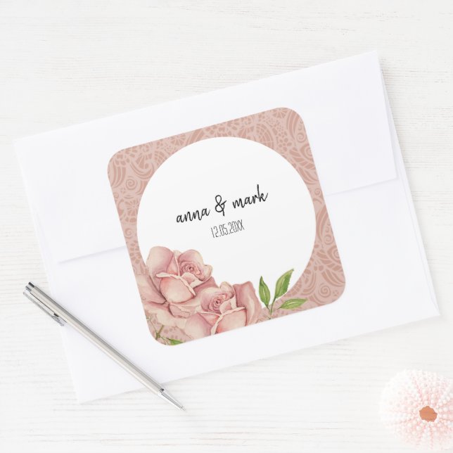 Soft Violet Blush Roses Watercolor Square Sticker (Envelope)