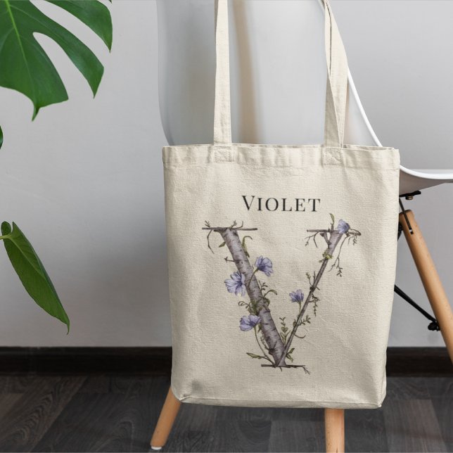 Soft Violet Letter V Floral Monogram Custom Name Tote Bag (Creator Uploaded)